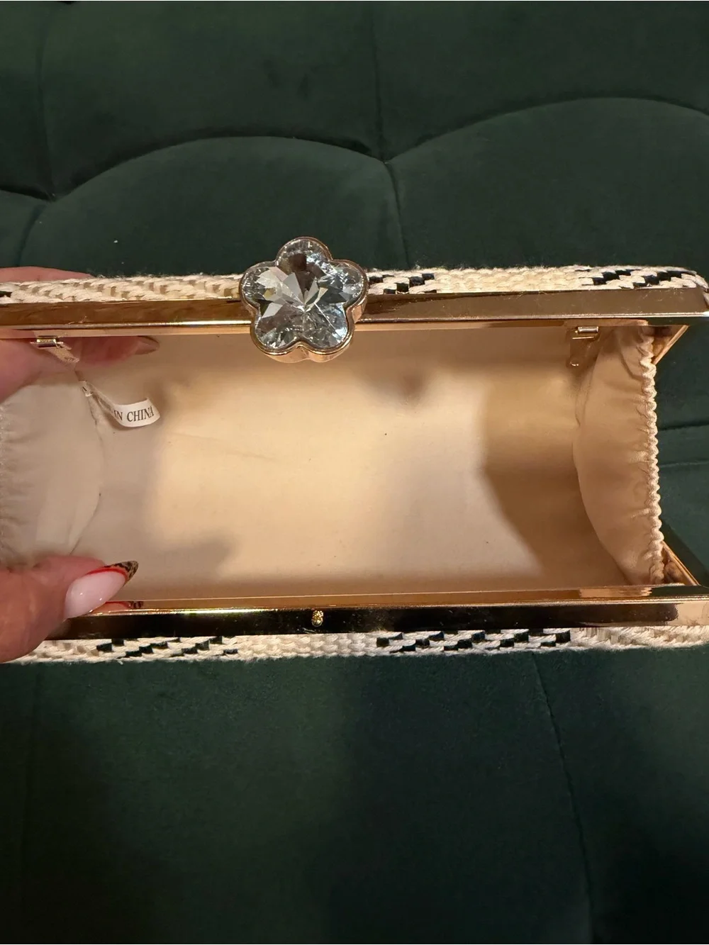 Woven Black & Cream Clutch with Crystal Clasp